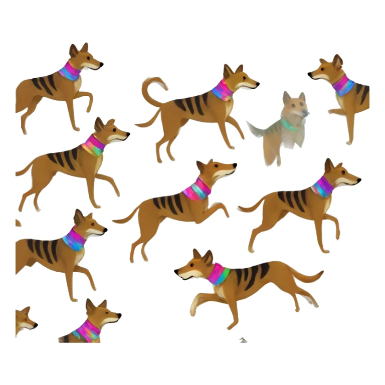  brindle brown black maroon striped lurcher Alsatian fox running blue eyes and iridescent holographic oilslick harness wearing paper iridescent tropical flower crown yellow caution tape sticker