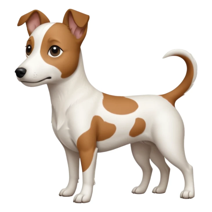 a fully white jack russell the size of a kelpie with floppy ears and a half white face sticker