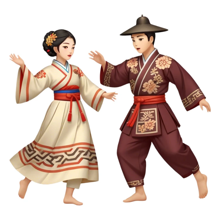 Cinematic Realistic scene of two performers engaging in Ganggangsullae, dressed in traditional Korean costumes with intricate patterns and graceful movements, illuminated by soft, festive lighting that accentuates the cultural ambiance sticker
