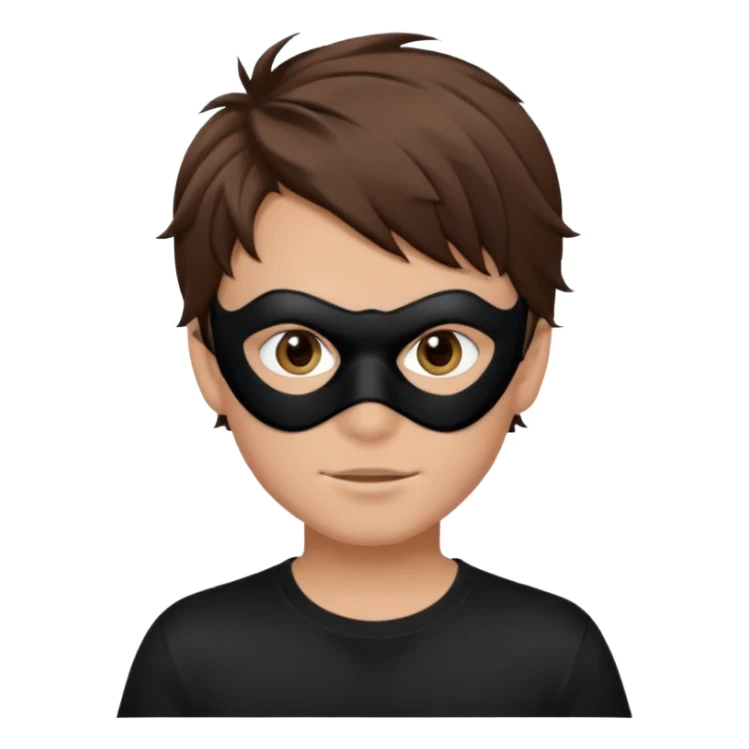 messy hair boy in a sleek black mask, playful eyes showing sticker