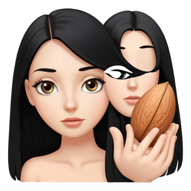 White girl with long oval shaped face, large almond shaped eyes with long eyelashes, long straight black hair falling in front of her bare shoulders, face closeup sticker