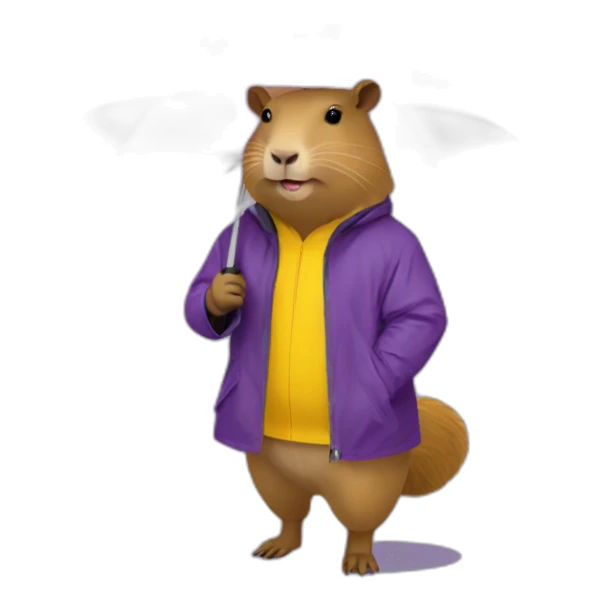 Capybara wearing yellow rain jacket holding a purple umbrella sticker