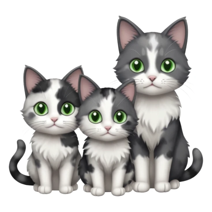 3 different coloured small cats including a dark grey and white, and a patchy calico and a completely solid dark grey with green eyes and only white paws\ sticker