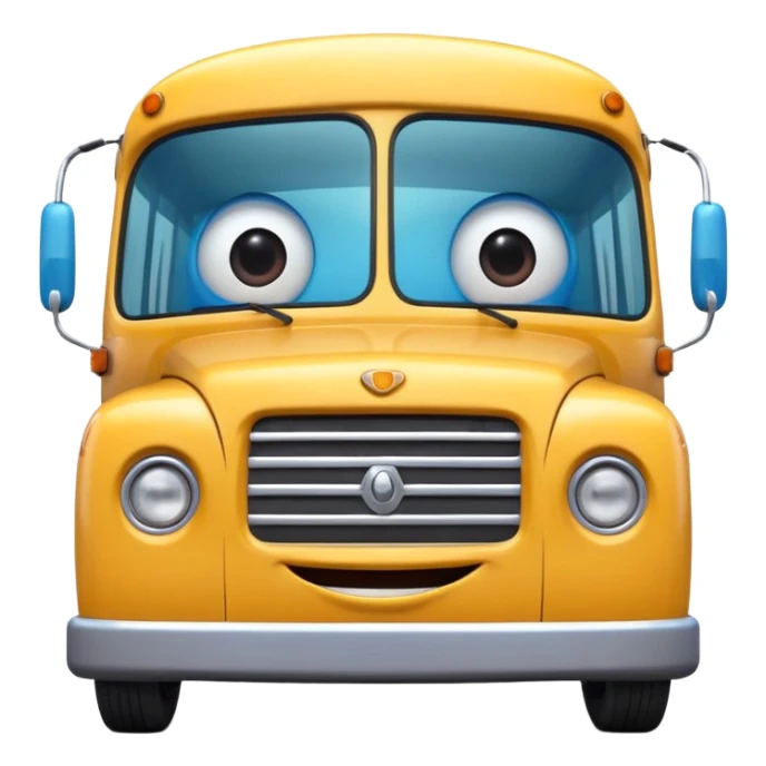 Front view of a bus with a cheerful smiling face, expressive eyes integrated into the windshield, glossy 3D animation style, Pixar-inspired, vibrant colors, soft shadows, cinematic lighting, ultra detailed, 4k render sticker