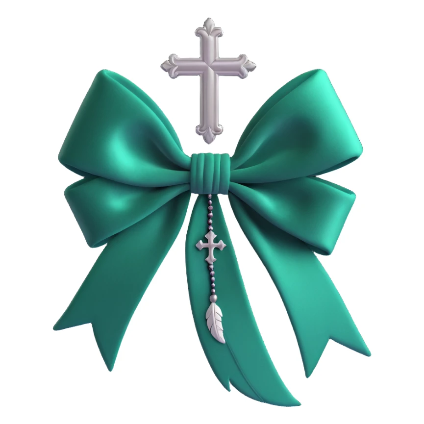 3D emoji gothic bow, dark emerald velvet, silver cross, and feather details sticker