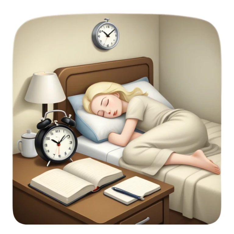 A dimly lit bedroom with a person sleeping. On a nightstand, there's  there’s a small alarm clock and a closed journal. In the background, a clean and tidy kitchen is visible, symbolizing a fresh start for the morning. preparation. sticker