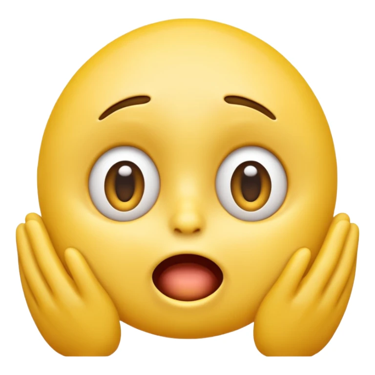 A 3D glossy yellow emoji face with a horrified expression, only large wide-open eyes, wide-open mouth, raised eyebrows, no nose, hands against its cheeks, vector style, black background, high quality, soft studio lighting sticker