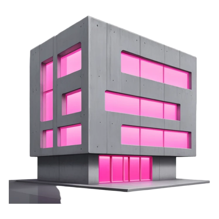 Minimalist Russian-style gray concrete panel building with one window glowing bright pink from grow lights inside, simple rectangular structure with brutalist architecture sticker
