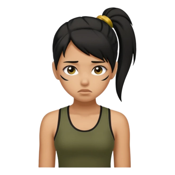 a tan girl with a black ponytail, black tank top, . Looking sad sticker