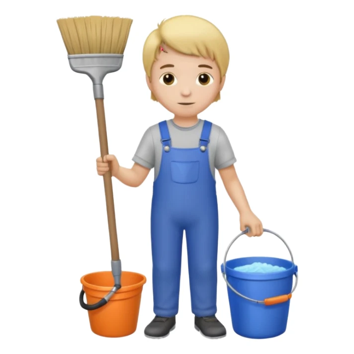 Boy in cleaning clothes, holding a broom and a bucket sticker