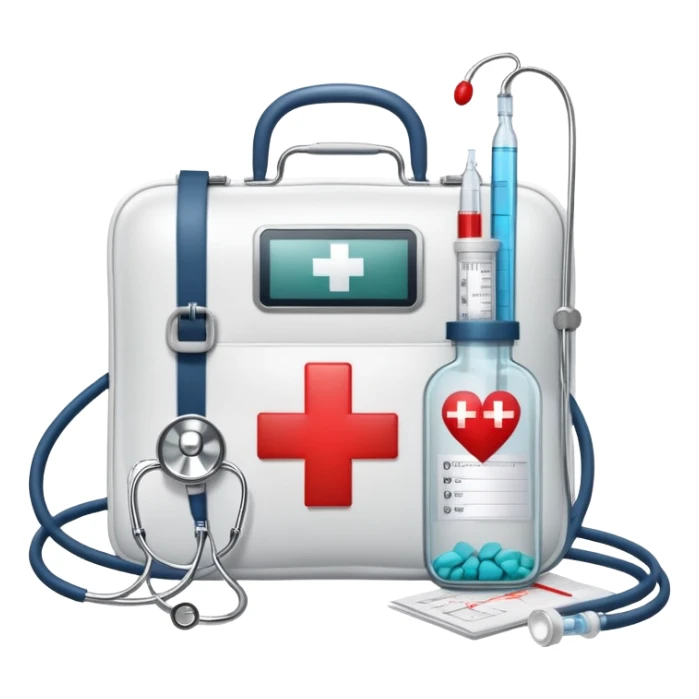 An icon featuring a medical bag with a red cross, a stethoscope, and a syringe, symbolizing medicine. The design includes pills, a heart monitor, and a clipboard with patient notes, representing healthcare, diagnostics, and treatment. Transparent background highlights the science of medicine. sticker