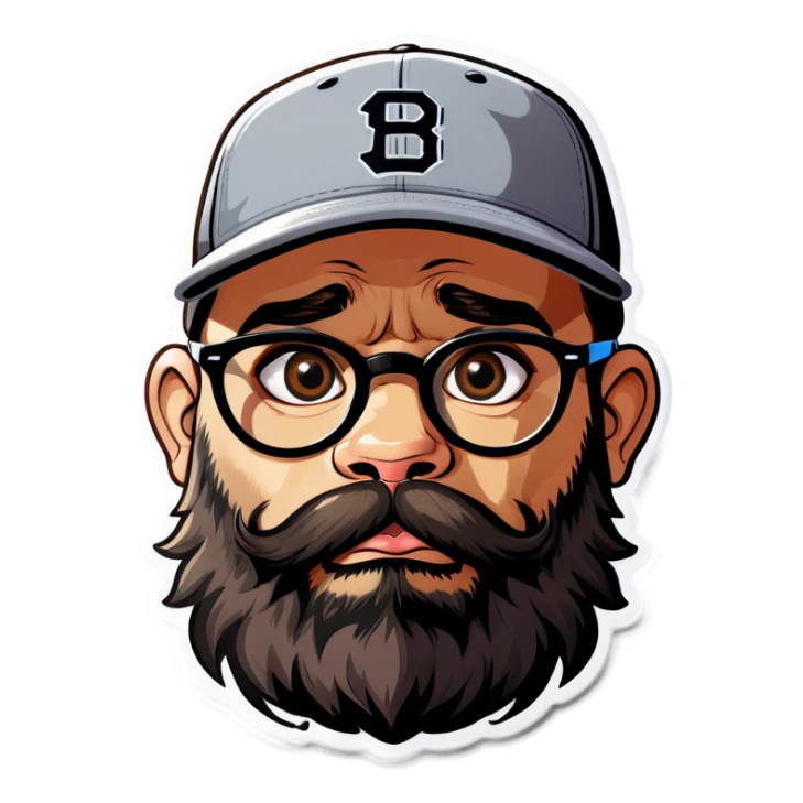A man with a grey baseball cap, hazel eyes, big dark brown beard and glasses, big bubble begging puppy eyes sticker