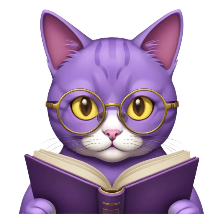A purple cat reading a book. It has yellow eyes and is wearing round glasses. sticker