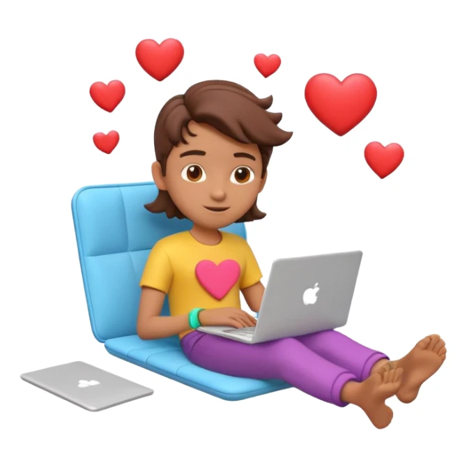 3D clay character relaxed with laptop and coffee, floating icons (hearts + dollars), colofrful modern outfit, white laptop, Pixar style, transparent background sticker