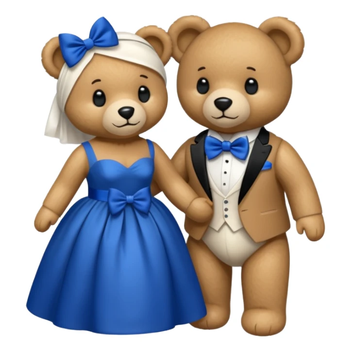 Teddy bear wearing white wedding dress holding the hand to another teddy bear wearing a big royal blue bow tie. The one with the white dress has no bows sticker