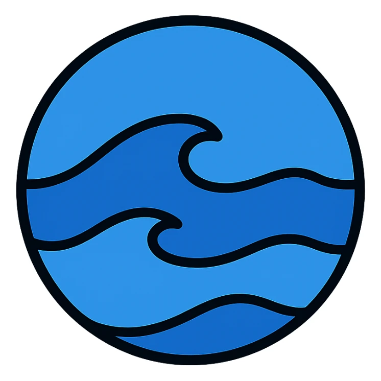 Make the ocean icon more distinct by showing a vast, open expanse of deep blue water with large rolling waves. No land visible. Keep the circular shape with a medium black border and no frame. White background. Color outline style. sticker