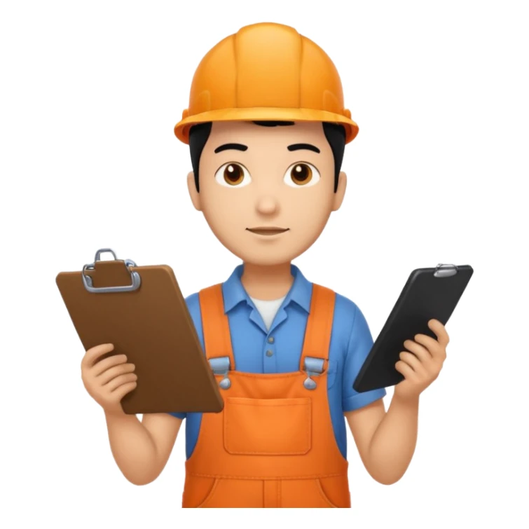 Indian male railway engineer orange overalls, boots holding a clipboard back of head sticker