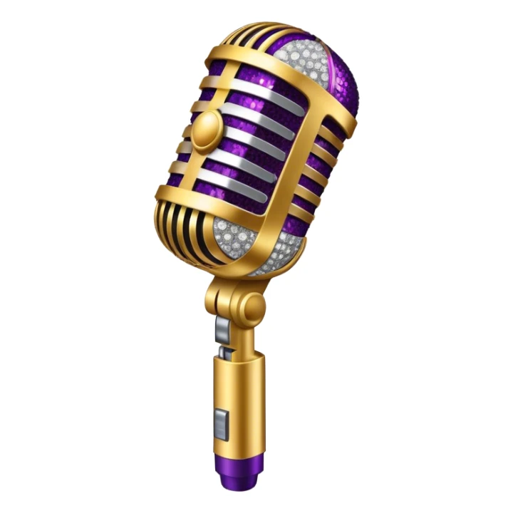 Create a glamorous and vibrant emoji representing stage vocal performance. The design should feature a classic vintage microphone at the center, surrounded by an eye-catching stage costume covered in rhinestones, sparkling brightly. The costume should be stylized, with glittering elements like sequins and sparkles, and reflect the glitzy, extravagant nature of show business. The microphone should have a sleek, retro look with chrome or metallic accents. Use rich, dazzling colors like gold, silver, deep purple, and bright red to evoke the glamorous, larger-than-life feel of a stage performance. The background should be transparent. sticker