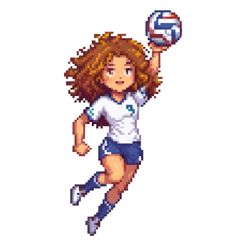 curly haired girl playing volleyball, energetic, action pose, pixel art style sticker