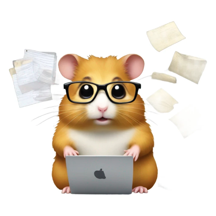 Hamster with glasses typing on laptop around files sticker
