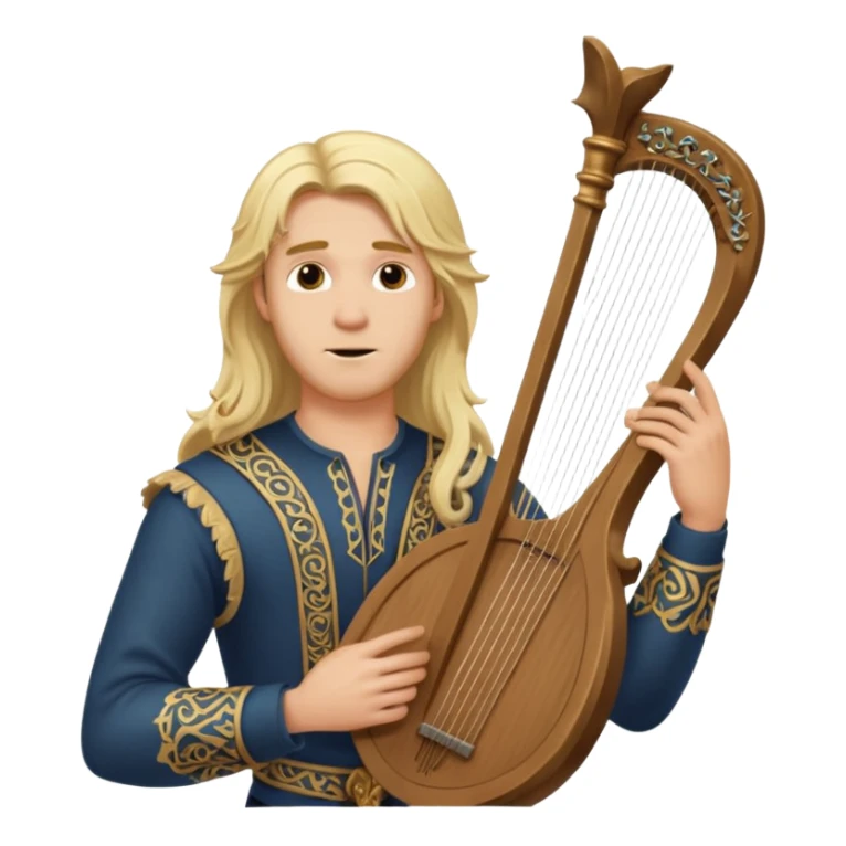 Man with long blonde hair looking overconfident holding a lyre sticker