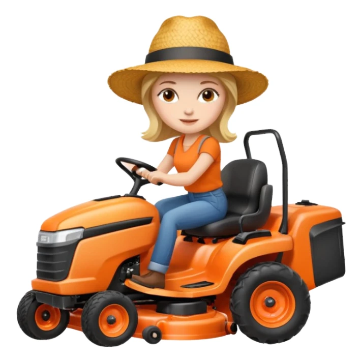 White woman without glasses wearing a straw hat, on orange ride on lawn mower.  sticker