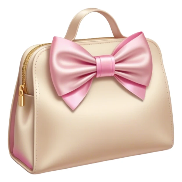 beige cosmetic bag with cosmetics sticking out and a pink bow sticker