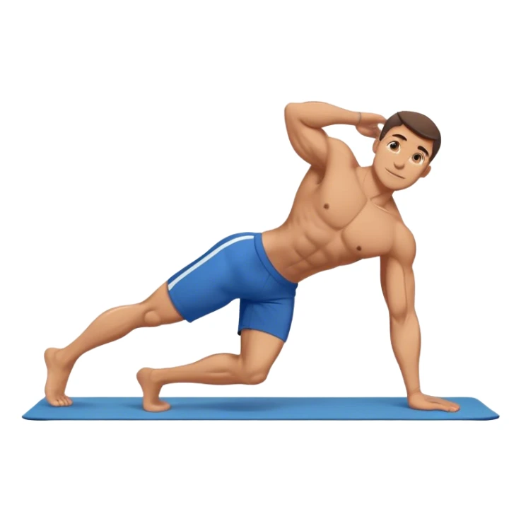 buff man blue shorts doing plank exercise on yoga mat sticker