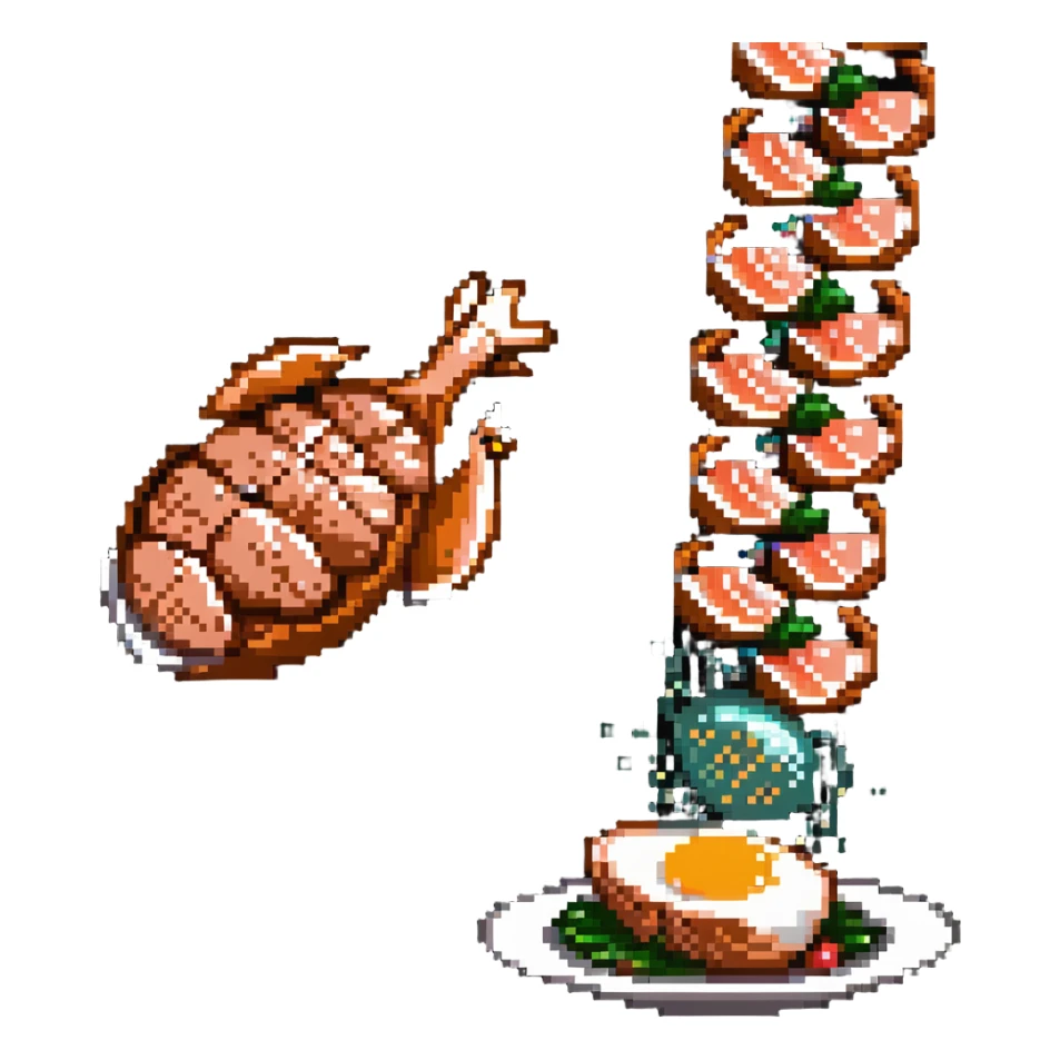 Pixel art protein explosion with chicken breast, steak, salmon, and egg shooting upward from bottom, with sparkle effects, DNA pixel animations around them, and simplified muscle figure outline in background sticker