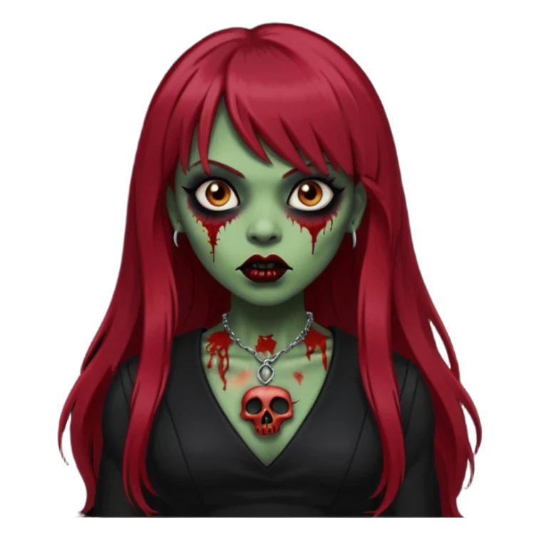 vampira gótica parda zumbi de cabelo longo e vermelho escuro e franja e roupa com decote e batom preto sticker