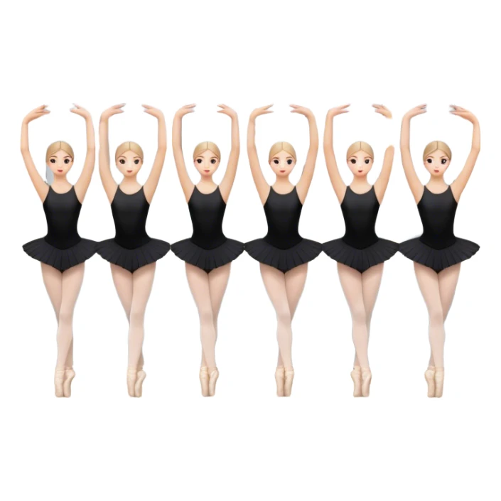 Icon for Choreography: a group of dancers in identical poses, standing by a wall with all wall long mirror, holding a long barre with one hand. The icon should capture the discipline and synchronized movement of dance training. Transparent background. sticker