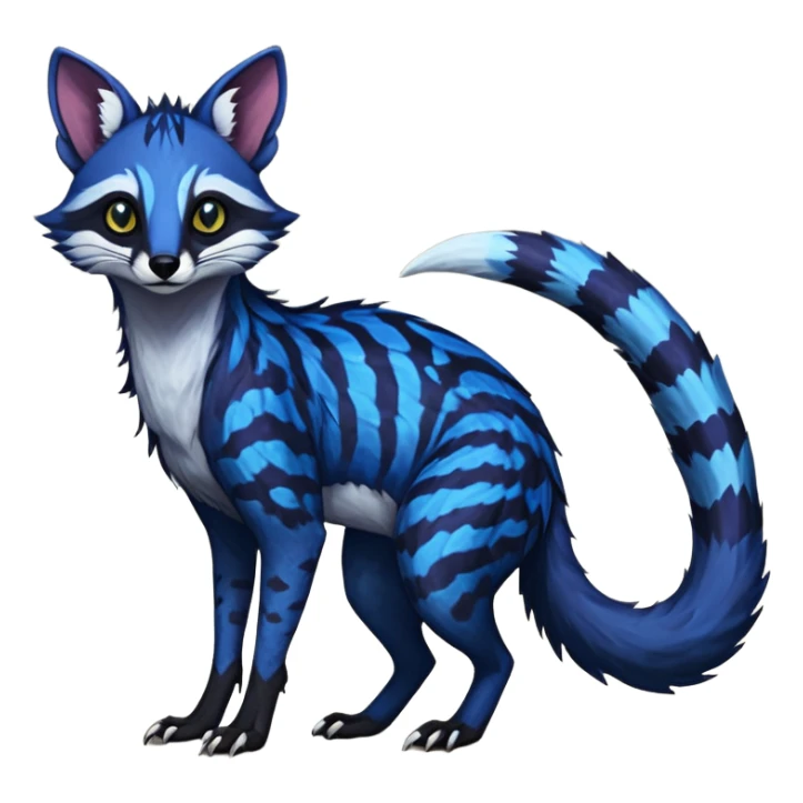 Feral Rare Fantasy scaly evil spooky vibrant dark shady shaded detailed deep-dark-cobalt-blue-gradients-colored colorful Vernid-Sergal-Genet-Trico-Fox-Civet-Cacomistle-species by LiLaiRa, with dark-blackish points, white belly, random markings, tufted tail, tufted ears, full body sticker