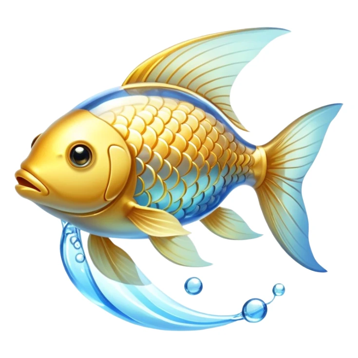 Ethereal golden fish with translucent glowing scales transforming into or carrying a shining golden omega-3 capsule. The fish appears magical and flowing, with streams of light connecting it to the capsule. Both elements emit a soft radiant glow in a dreamy atmosphere with subtle blue undertones. sticker