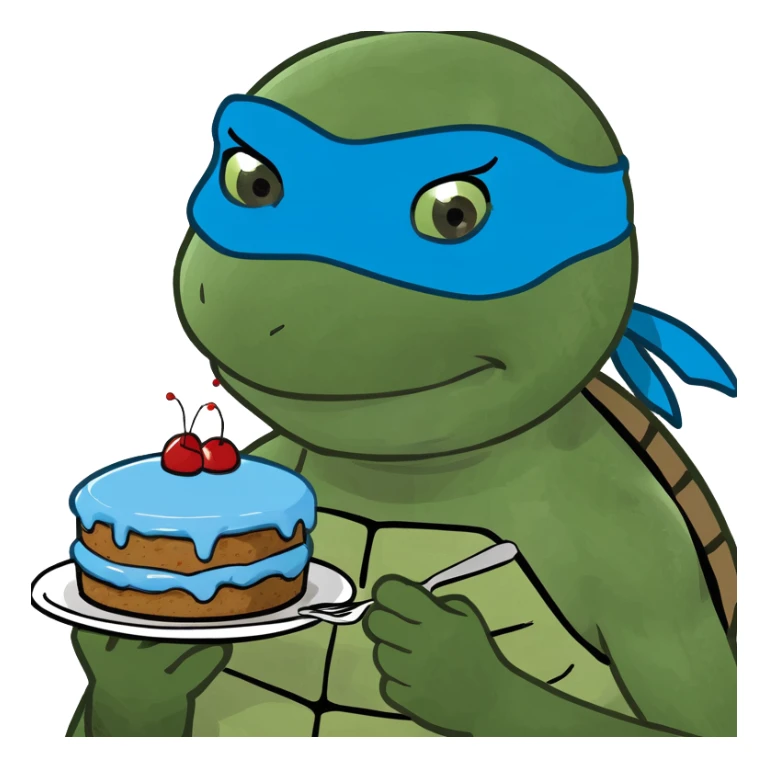 lady ninja turtle wearing blue eye mask eating cake with blue icing sticker