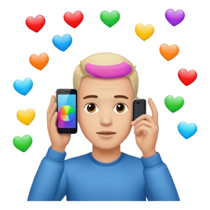 a guy holding 1 smartphone with both hands, smarphone should be horizontal, on top of his forehead sticker