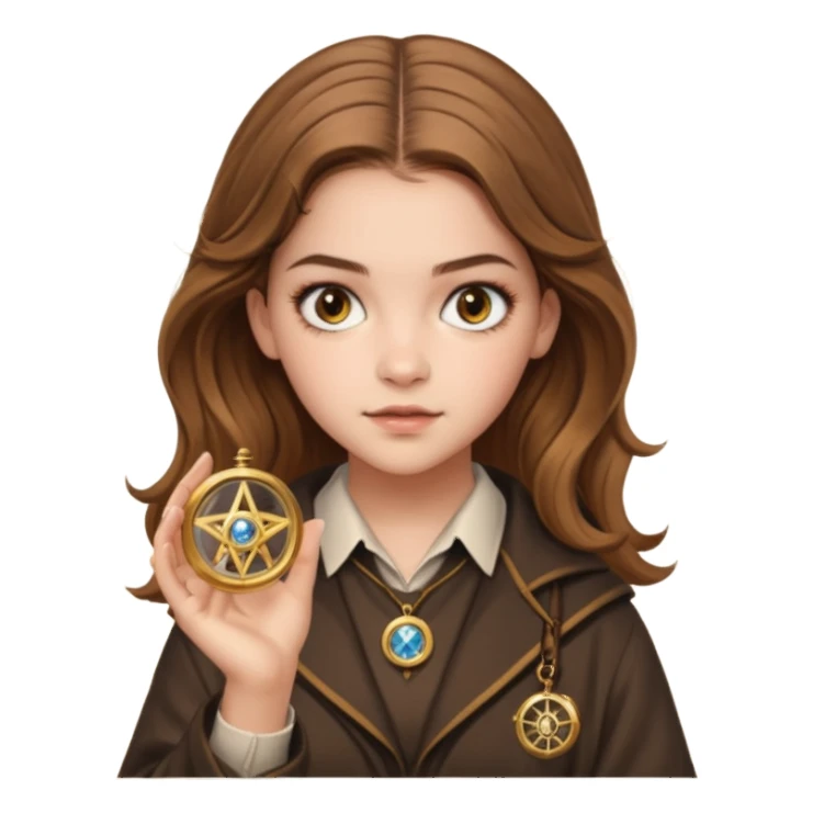 Barbara Palvin as Hermione Granger with brown eyes and holding a time turner sticker