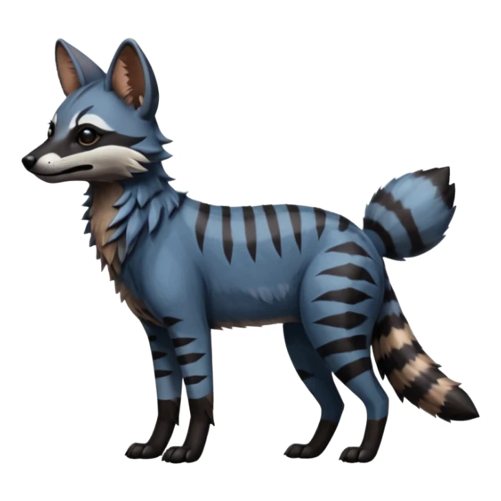 Realistic edgy bluish greyish blackish whitish silvery coppery Shiny Colorful Dusky Dark Gloomy Glossy Aardwolf-Maned-Wolf-Genet-Bobcat-fusion-animal-hybrid-creature, full body sticker
