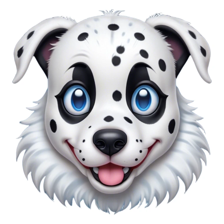 Cinematic Comical Harlequin Dalmatian Portrait Emoji, Head tilted dramatically with an exaggeratedly shocked or amused expression, featuring a striking Fur of predominantly white with vivid black patches, wide, expressive blue eyes filled with playful disbelief, Simplified yet hilariously expressive features, highly detailed, glowing with a slightly sassy glow, high shine, dramatic yet playful, stylized with an air of cheeky charm, bright and endearing, soft glowing outline, capturing the essence of a spirited and over-the-top guardian, so meme-worthy it feels like it could side-eye its way into internet fame instantly! sticker