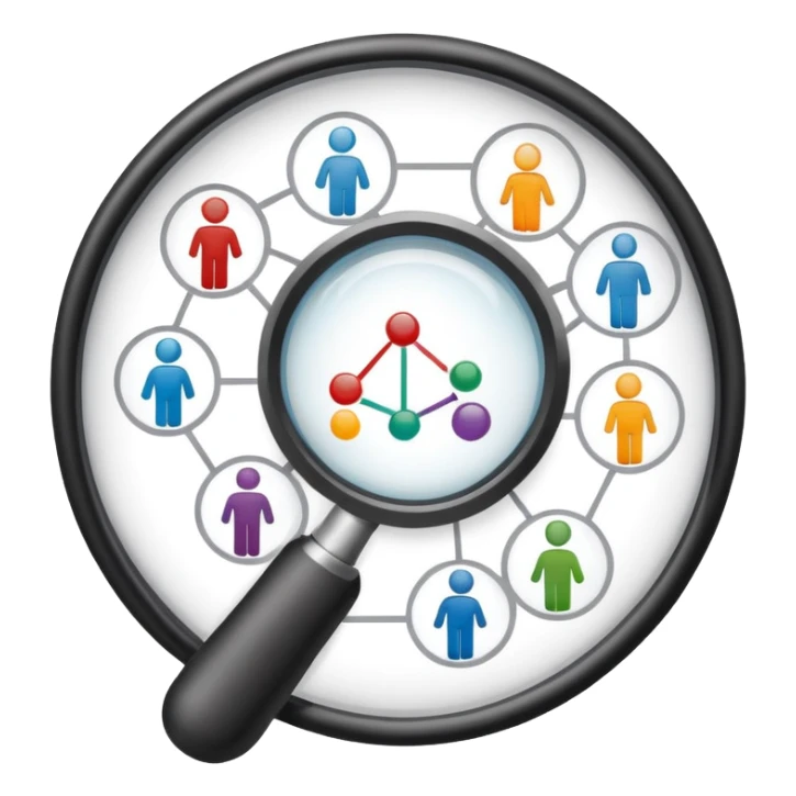An icon featuring a network of interconnected people, a magnifying glass, and a chart, symbolizing sociology. The design includes diverse figures and social patterns, representing the study of society, behavior, and social structures. Transparent background highlights human interaction sticker
