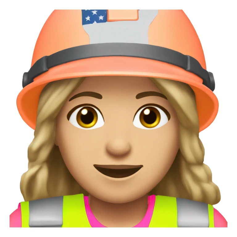 Jennifer Aniston is a construction worker wearing a neon pink safety vest with a hard hat and ear muffs. She has a patriotic patch on her vest  sticker
