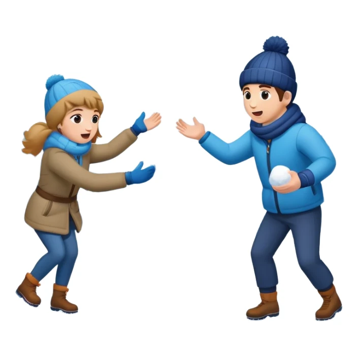 two people playing a snowball fight, simple, expressive faces, winter theme sticker