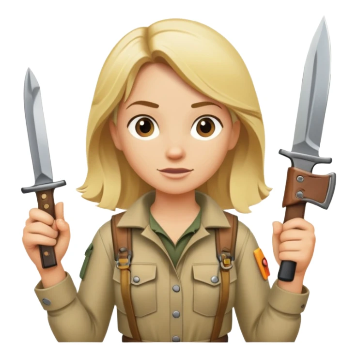 Blonde female wilderness explorer Melissa Backwoods holding a survival knife sticker