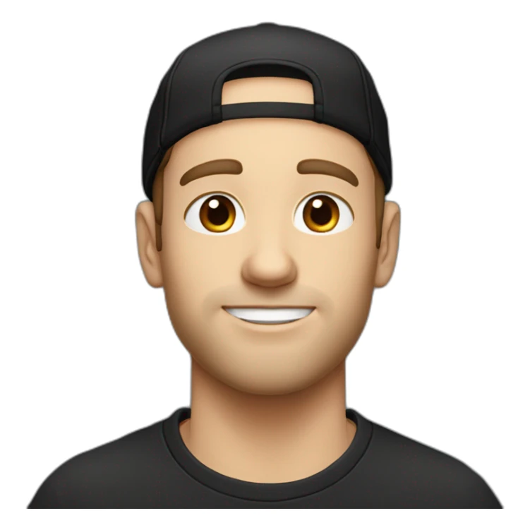 a blue-eyed white guy with dark hair in a black backward cap and in oversized t-shirt sticker