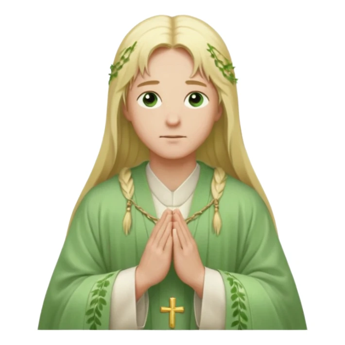 a young bishop, green eyes, long blonde hair, light green wide, flowing outer robe. hands clasped together, gazing thoughtfully. Soft light, subtle fern. Waist-up, profile. sticker