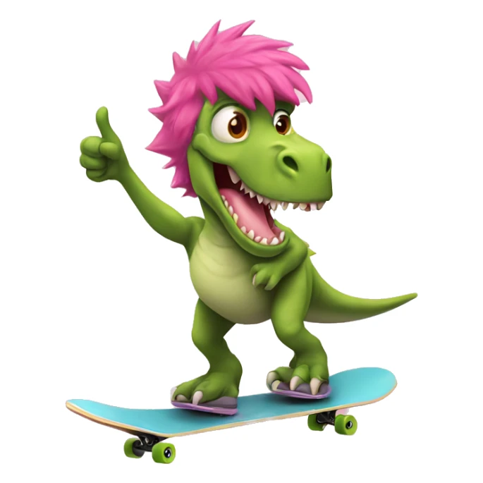 Dinosaur with pink hair, riding a skateboard holding a thumb thumbs up sticker