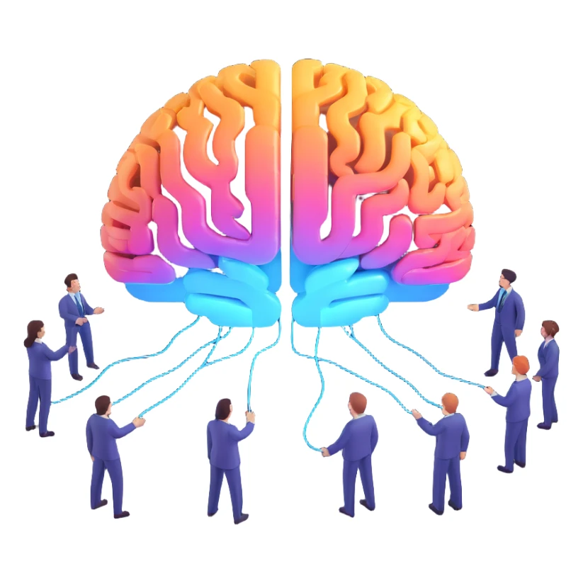 a group of diverse employees with a glowing AI brain above them, beams of light connecting to each, symbolizing real-time insights, learning, and unbiased support for decision-making sticker