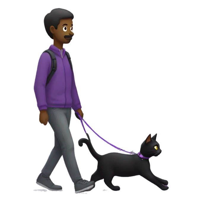 Black cat with a purple leash going for a walk with a human sticker