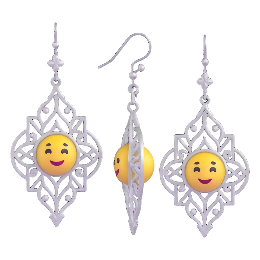 3D emoji-style silver chandelier earrings with intricate filigree, glamorous sticker