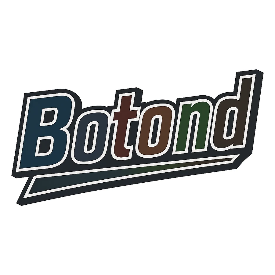 Text image of the name 'Botond' in a masculine, modern, gradient font with precise Hungarian characters, dark contour, extra thick, prominent white letter outline as in reference images, dynamic slanted underline, masculine color shades including blue, gray, burgundy, green, and brown, 1000x1000 px, PNG, transparent background. sticker