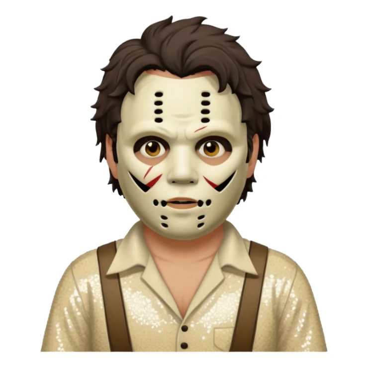 Leatherface with tan mask with dark brown hair, ivory sequin outfit  sticker